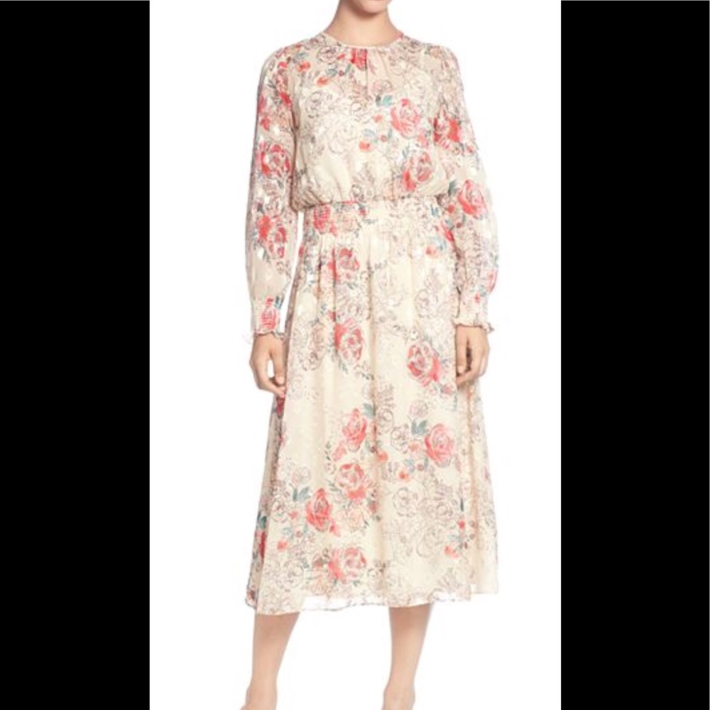 Catherine Malandrino Smocked FloralPrint MidiDress